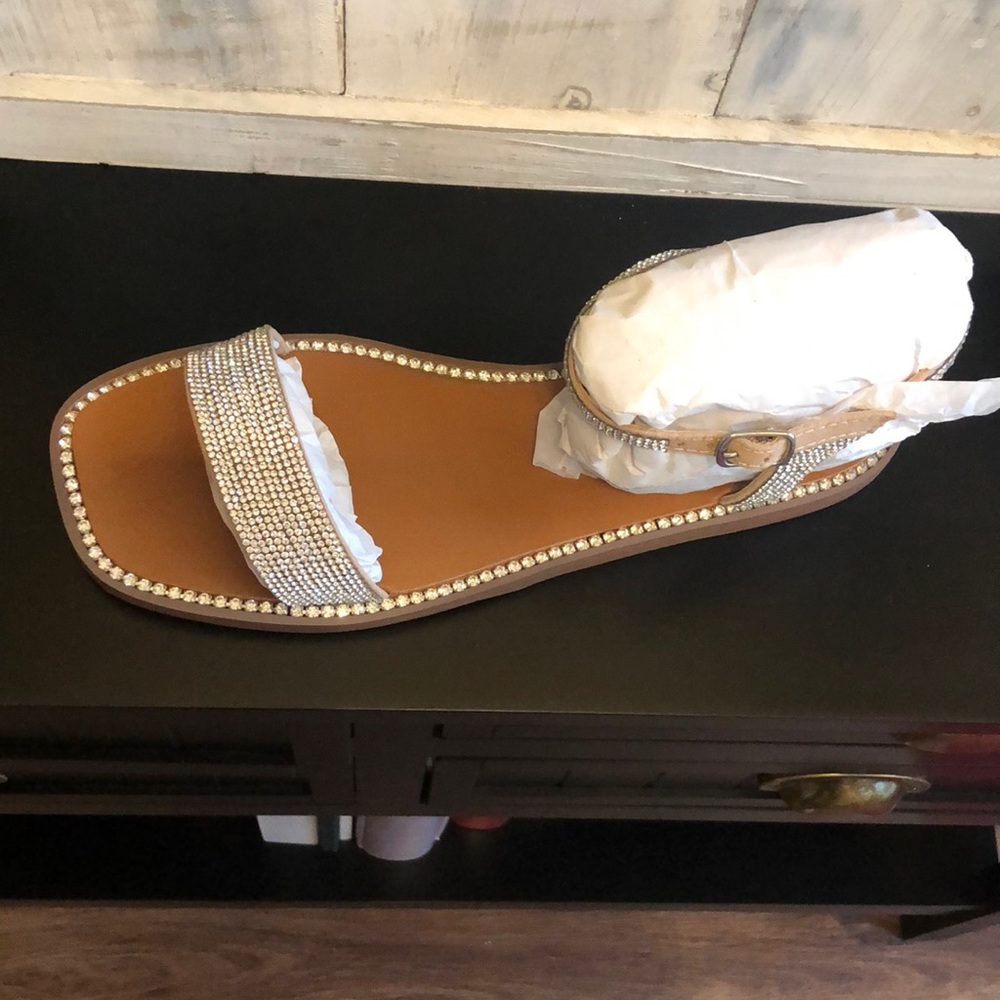 Steve Madden Tan and Silver Jeweled Ankle Strap Sandals